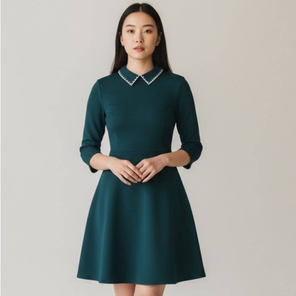 Kate Spade Emerald Green Ponte Fit & Flare Dress Embellished Collar XL